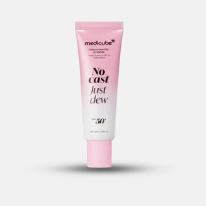 Medicube No Cast Just Dew PDRN Hydrating UV Sun Serum SPF50+ sunscreen with no white cast and hydrating dewy finish
